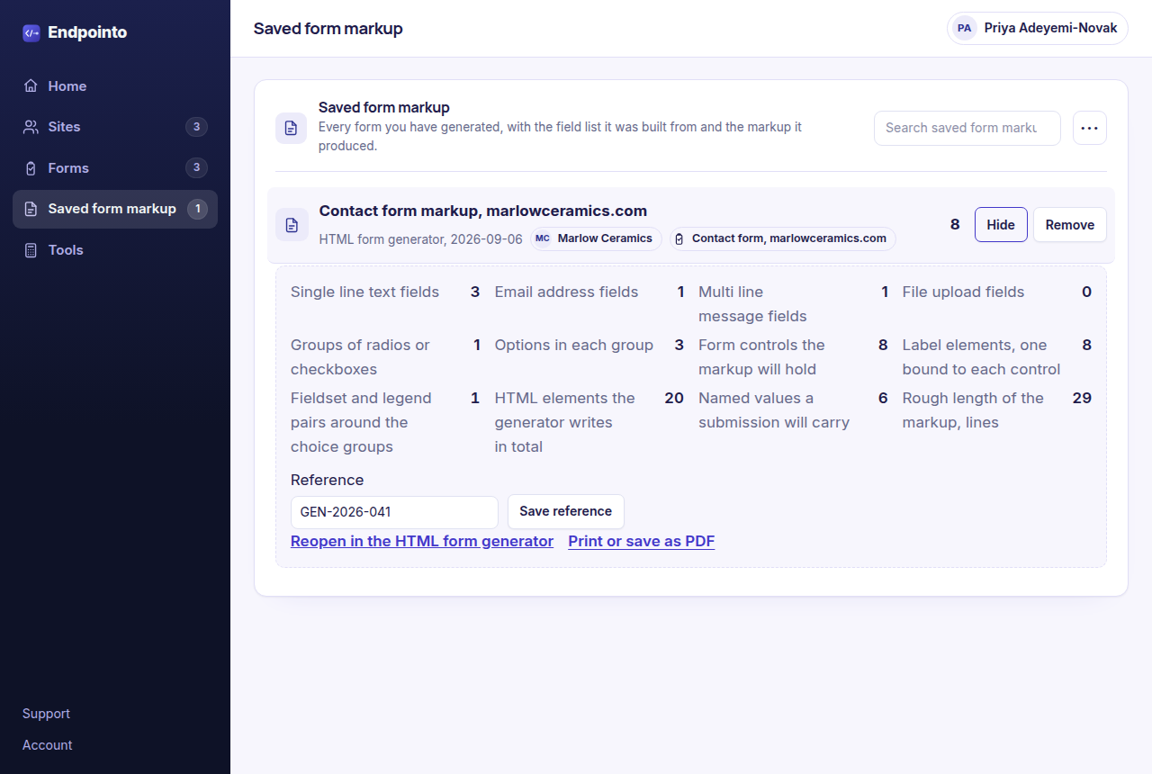 The Endpointo workspace, Saved form markup tab, showing one saved contact form for marlowceramics.com with its six field counts and the six figures the generator worked out from them